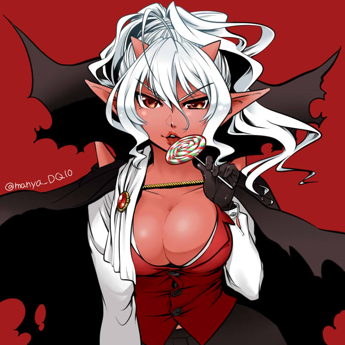 1girl bangs black_cape black_gloves black_skirt breasts brooch brown_eyes buttons candy cape cleavage collarbone demon_girl demon_horns dragon_quest dragon_quest_x eyebrows eyebrows_visible_through_hair food gloves hair_between_eyes high_ponytail holding holding_lollipop horns jewelry large_breasts licking lips lollipop long_hair long_sleeves looking_at_viewer nekomura_otako ogre_(dq10) pleated_skirt pointy_ears popped_collar red red_background red_skin red_vest shirt simple_background skirt solo swirl_lollipop torn_cape torn_clothes tsurime twitter_username upper_body vest wavy_hair white_hair white_shirt