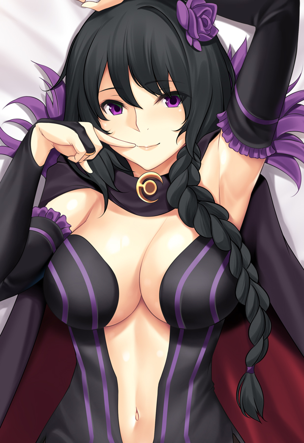 1girl arm_up armpits bare_shoulders bed_sheet black_dress black_gloves black_hair braid breasts bridal_gauntlets cape center_opening close-up dakimakura dress elbow_gloves elsa_granhilte eyebrows_visible_through_hair finger_to_mouth flower gloves hair_flower hair_ornament large_breasts long_hair looking_at_viewer lying navel on_back re:zero_kara_hajimeru_isekai_seikatsu side_braid single_braid smile solo tony_guisado upper_body violet_eyes