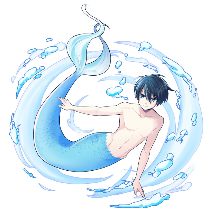 1boy akairo1122 black_hair blue_eyes free! looking_at_viewer mermaid monster_boy nanase_haruka_(free!) navel no_nipples smile solo