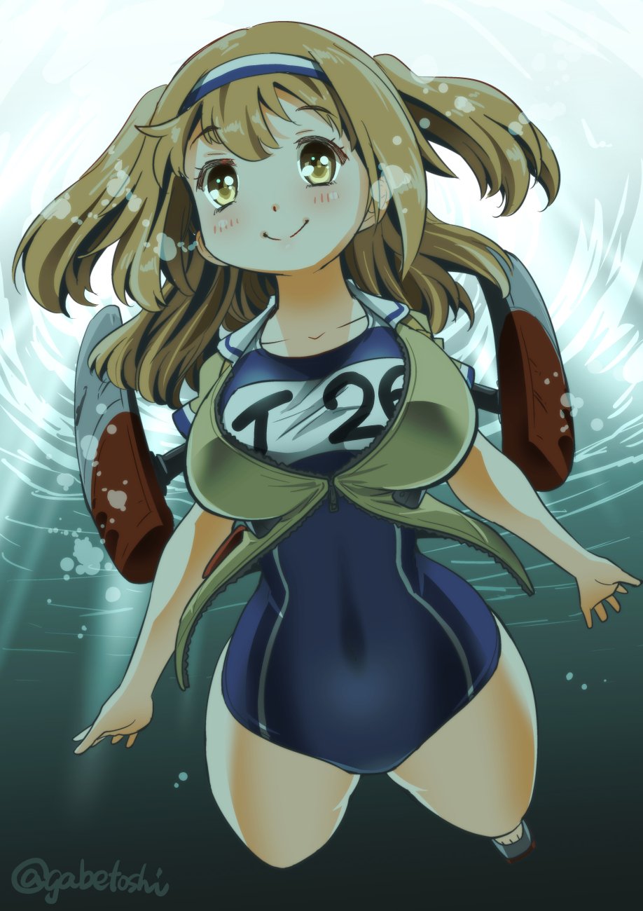 breasts bubble clothes_writing hairband highres i-26_(kantai_collection) kantai_collection large_breasts light_brown_eyes light_brown_hair long_hair looking_at_viewer machinery name_tag new_school_swimsuit one-piece_swimsuit open_clothes rigging sailor_collar school_swimsuit short_sleeves smile sogabe_toshinori swimsuit swimsuit_under_clothes two-tone_hairband two_side_up underwater