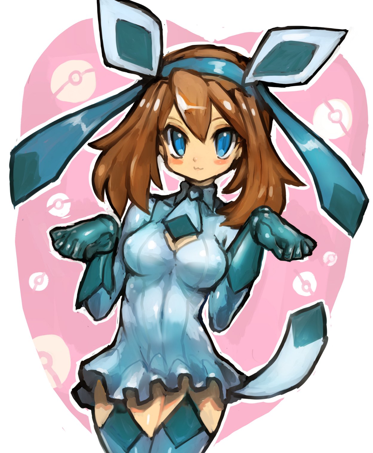 1girl :3 alternate_costume animal_ears bangs blue_dress blue_eyes blue_gloves blue_hairband blue_legwear blue_neckwear blush_stickers breasts brown_hair cleavage cleavage_cutout closed_mouth collared_dress cosplay covered_navel cowboy_shot dakusuta diamond_(shape) dress eyebrows fake_animal_ears fake_tail glaceon glaceon_(cosplay) gloves hair_between_eyes hairband haruka_(pokemon) heart highres legs_together long_hair long_sleeves medium_breasts necktie outline paw_pose poke_ball pokemon pokemon_(game) pokemon_rse short_dress smile solo standing tail thigh-highs white_outline zettai_ryouiki