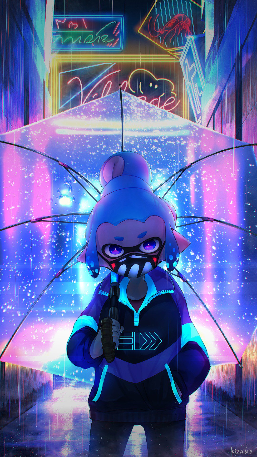 1girl backlighting black_jacket black_pants blue_eyes blue_hair brown_shirt clothes_writing commentary_request cowboy_shot domino_mask face_mask hand_in_pocket highres holding holding_umbrella inkling inkling_(language) jacket kashu_(hizake) long_sleeves looking_at_viewer mask monster_girl neon_lights night night_sky outdoors pants pointy_ears rain see-through shirt short_eyebrows short_hair sidelocks signature sky solo splatoon splatoon_2 standing tentacle_hair topknot transparent_umbrella umbrella unzipped water_drop zipper zipper_pull_tab