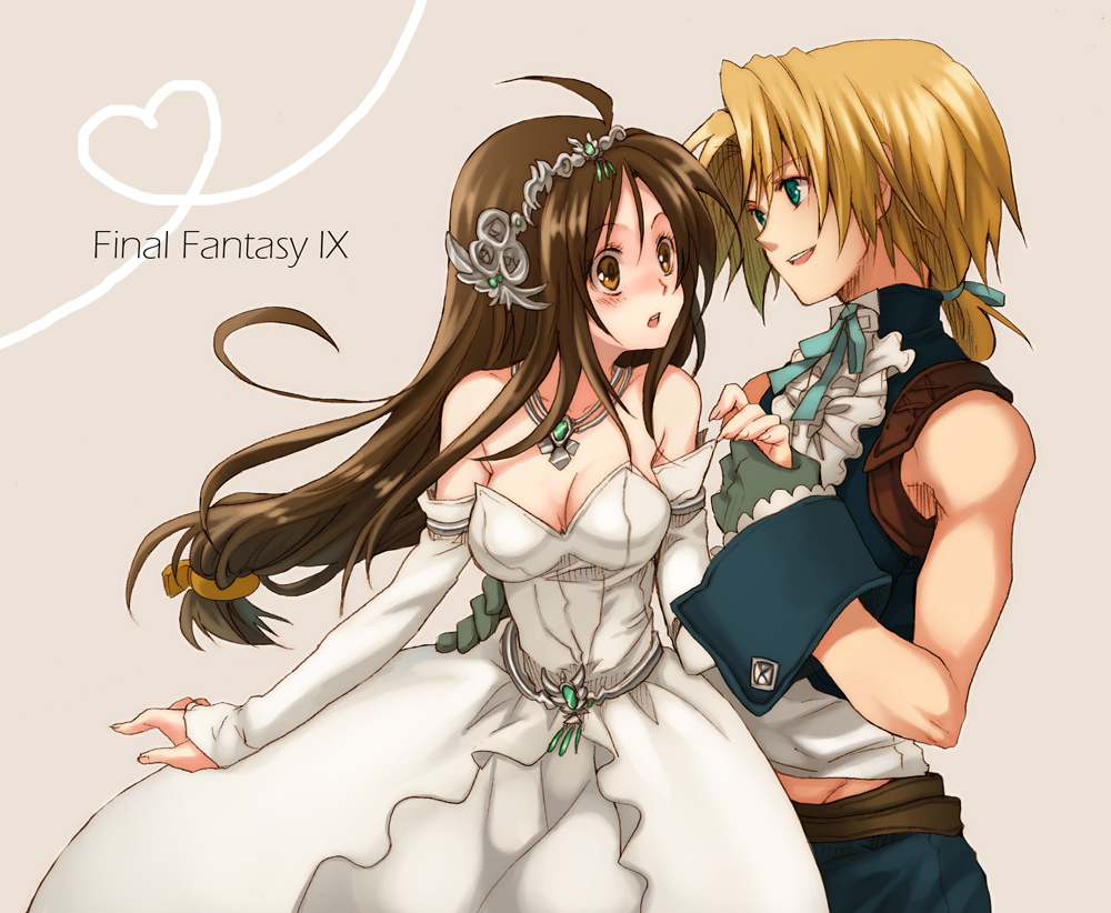 1boy 1girl bad_id bare_shoulders breasts bridal_gauntlets brown_eyes brown_hair cleavage colored commentary_request copyright_name couple dress final_fantasy final_fantasy_ix futatsuki_(perfect_lovers) garnet_til_alexandros_xvii gloves green_eyes jewelry long_hair low-tied_long_hair medium_breasts necklace niwa_toriko parted_lips ribbon short_hair short_ponytail sleeveless strapless strapless_dress tail tiara title_drop very_long_hair zidane_tribal