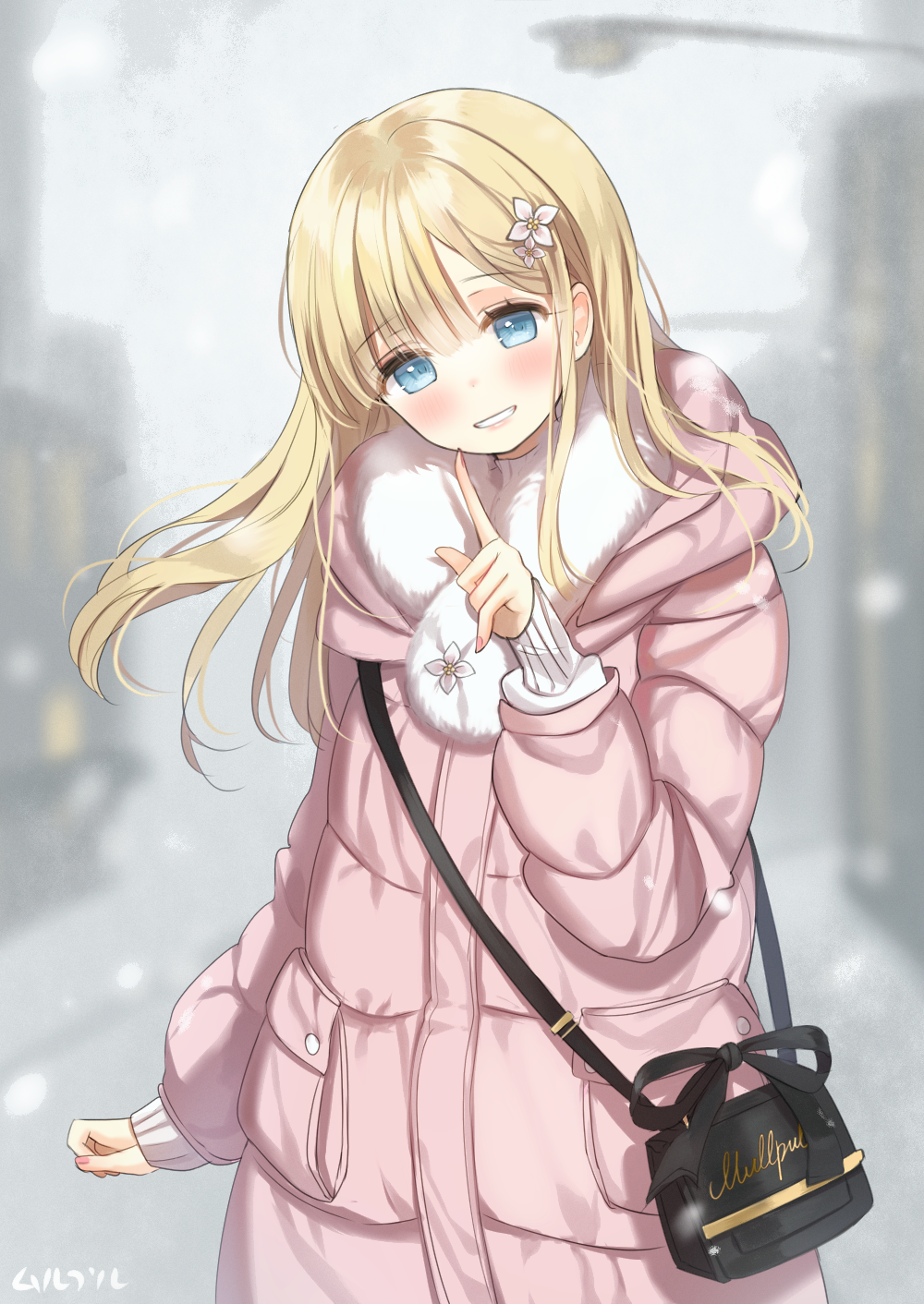 1girl artist_name bag bangs blonde_hair blue_eyes blurry blurry_background blush clenched_hand coat commentary down_jacket flower fur-trimmed_coat fur_trim grin hair_flower hair_ornament highres index_finger_raised long_hair long_sleeves looking_at_viewer mullpull nail_polish original pink_coat pink_nails shoulder_bag smile solo winter_clothes