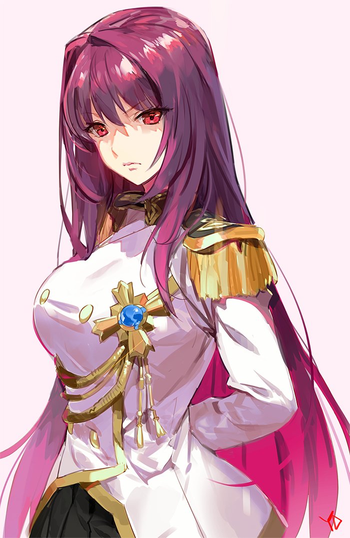 1girl alternate_costume arms_behind_back epaulettes fate/grand_order fate_(series) frown hair_intakes long_hair looking_at_viewer military military_uniform purple_hair red_eyes scathach_(fate/grand_order) solo uniform yang-do