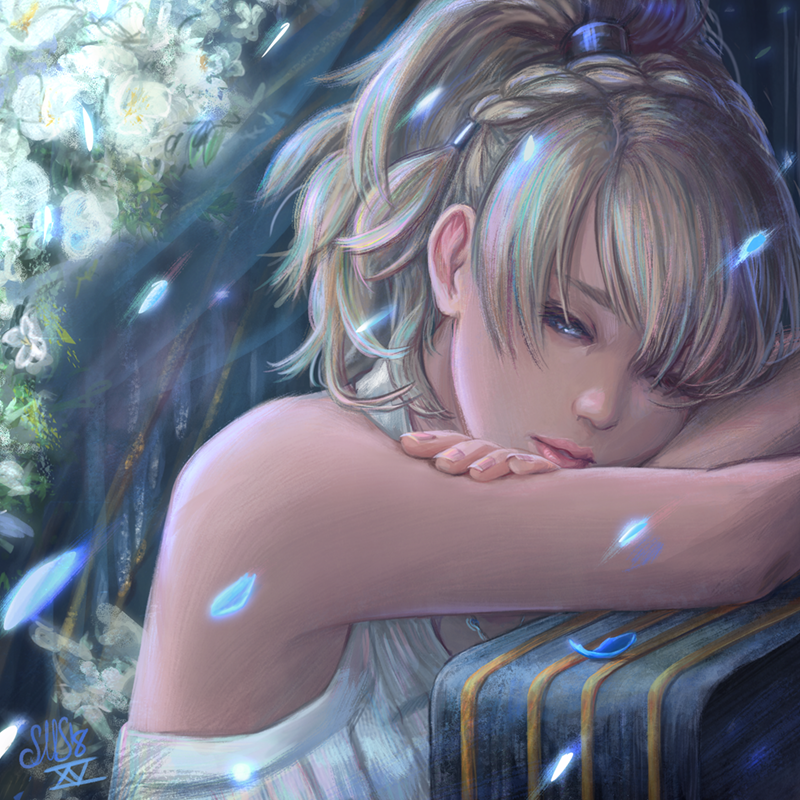 1girl bangs bare_shoulders blonde_hair blue_eyes braid close-up crossed_arms crown_braid dicesms dress final_fantasy final_fantasy_xv fingernails flower hair_over_eyes half-closed_eyes head_down high_ponytail leaning_on_object lips lipstick lunafreya_nox_fleuret makeup petals pink_lipstick ponytail portrait sleeveless solo white_dress