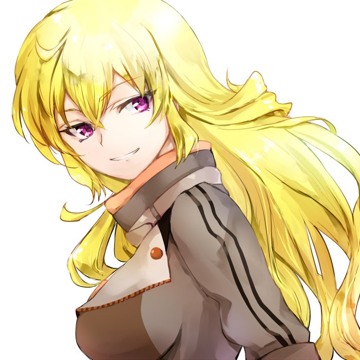 1girl alternate_costume artist_request blonde_hair commentary_request jacket rwby smile teeth violet_eyes white_background yang_xiao_long