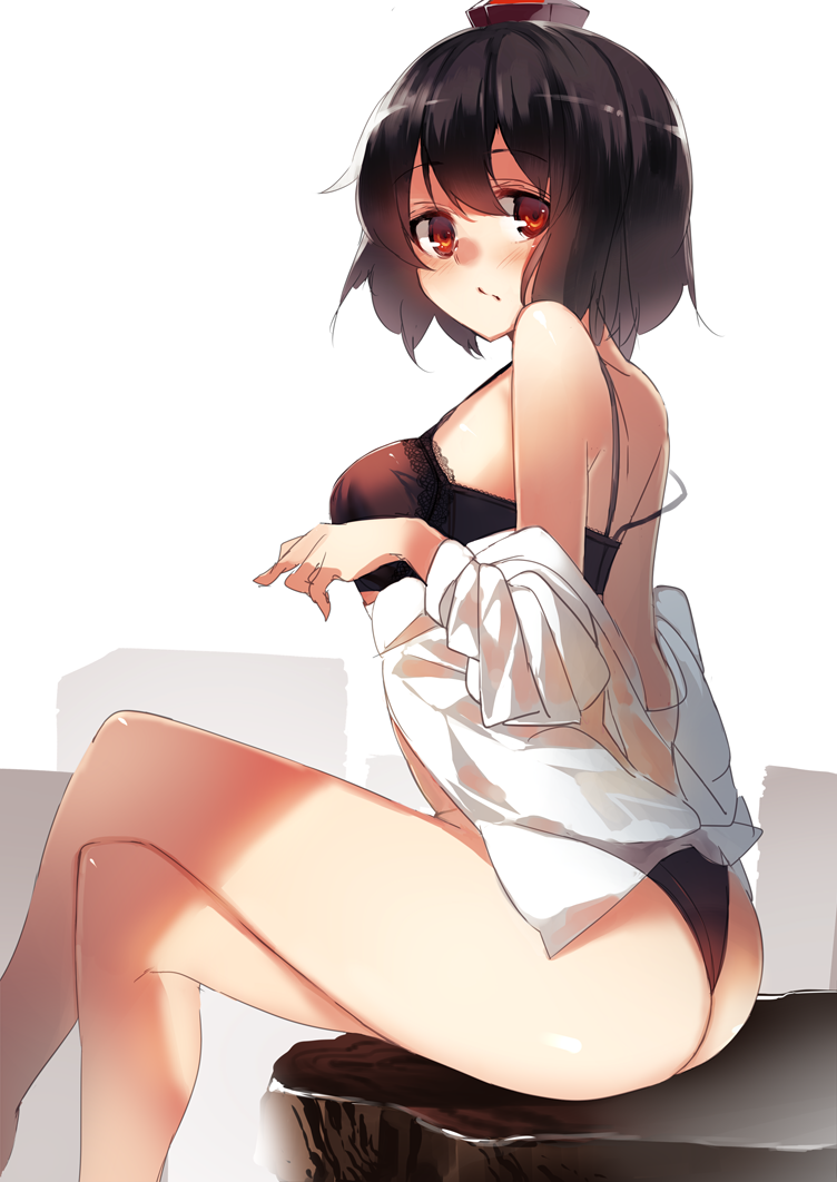 1girl ass bare_legs black_bra black_hair black_panties bra hair_between_eyes hat ken_(coffee_michikusa) legs_crossed long_sleeves looking_at_viewer no_pants off_shoulder panties red_eyes shameimaru_aya shirt simple_background sitting solo strap_slip tokin_hat touhou underwear white_background white_shirt