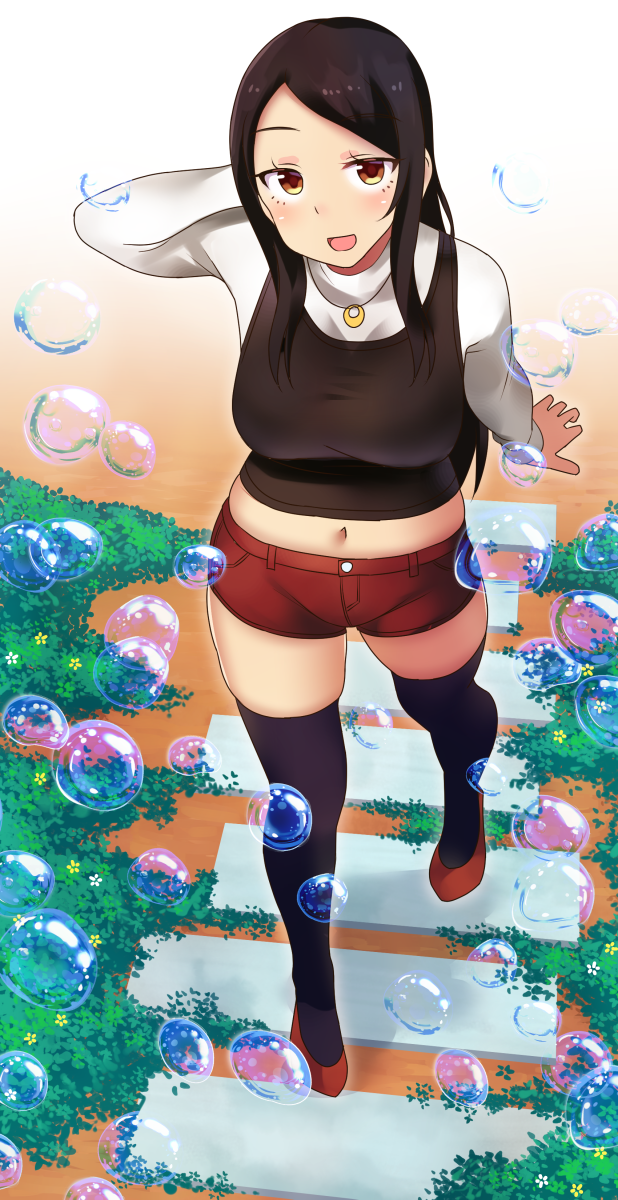 1girl :d arm_behind_head black_hair black_legwear brown_eyes bubble day highres navel neri_kouji open_mouth original outdoors path red_footwear red_shorts road short_shorts shorts smile standing thighs