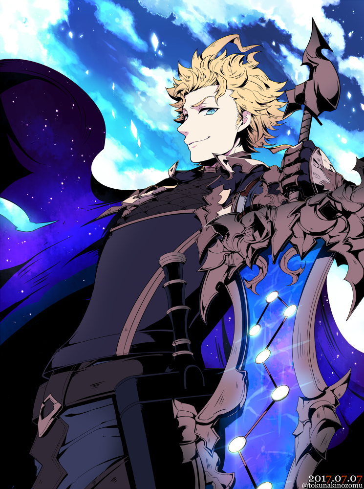 1boy armor blonde_hair blue_eyes cape clouds dated gloves granblue_fantasy looking_at_viewer nozomu144 sheath sheathed siete sky smile solo sparkle star sword twitter_username weapon