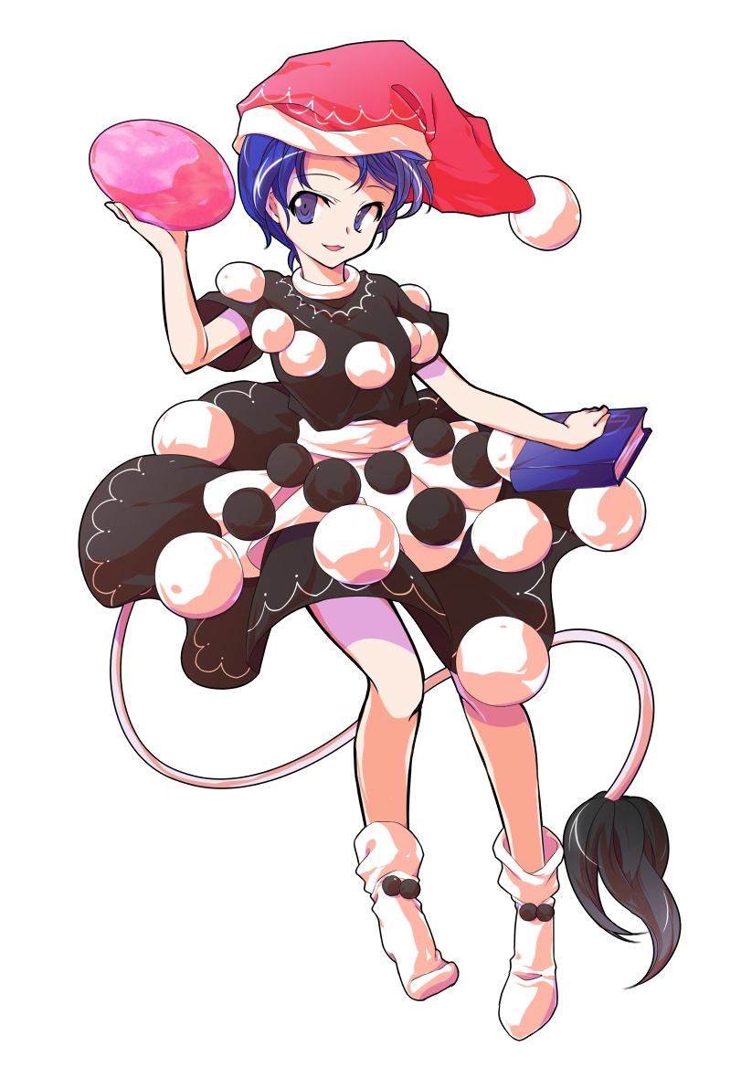 1girl :3 :d alphes_(style) apron bare_arms blue_eyes blue_hair book dairi doremy_sweet dream_soul dress facing_away full_body hat holding legs_apart looking_away looking_to_the_side nightcap open_mouth parody pom_pom_(clothes) red_hat short_hair short_sleeves simple_background smile socks solo style_parody tail tapir_tail touhou transparent_background waist_apron white_apron white_legwear