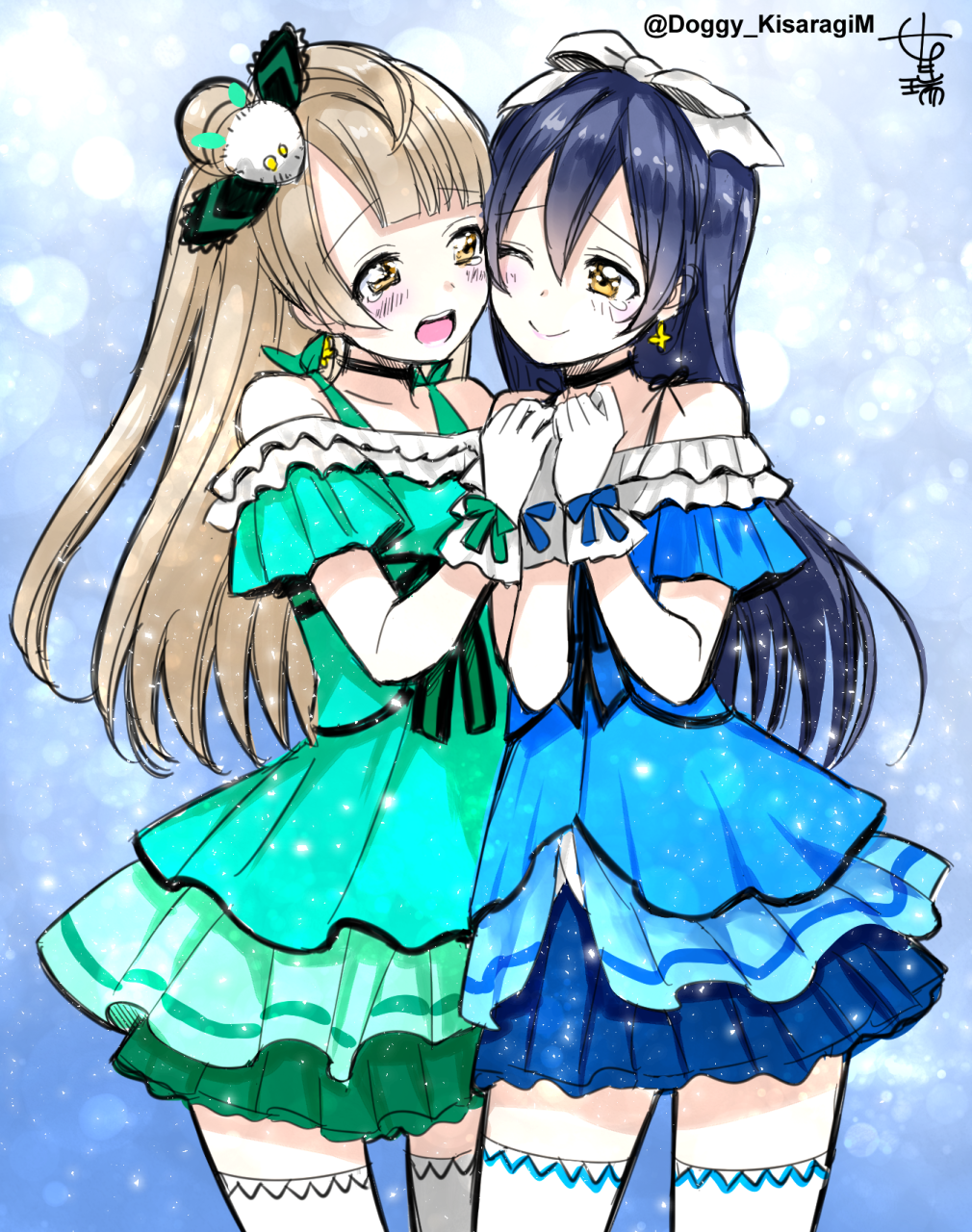 2girls bare_shoulders blue_dress blue_hair bow cheek-to-cheek closed_mouth commentary_request dress earrings gloves green_dress grey_hair hair_between_eyes hair_ornament hair_ribbon hands_together highres jewelry kira-kira_sensation! kisaragi_mizu long_hair love_live! love_live!_school_idol_project minami_kotori multiple_girls one_eye_closed one_side_up open_mouth ribbon simple_background smile sonoda_umi tearing_up white_gloves white_legwear yellow_eyes yuri