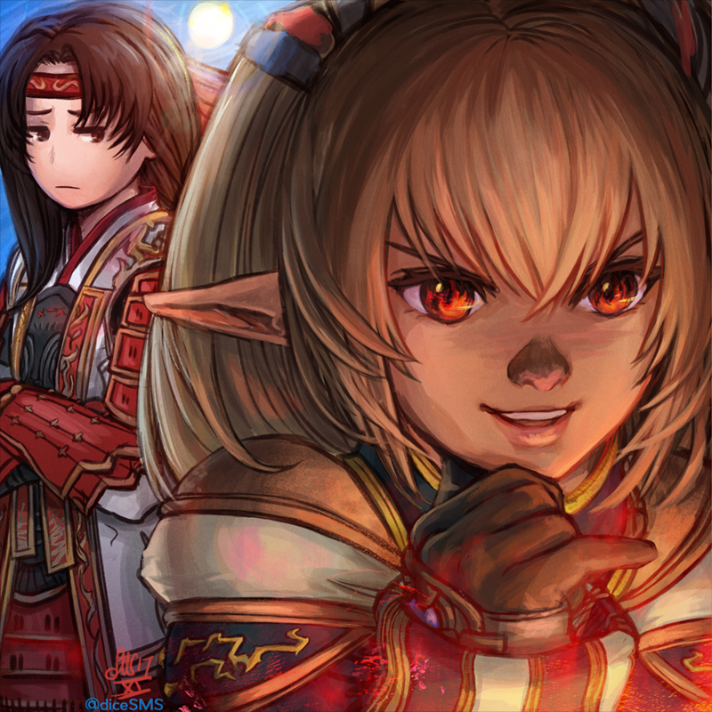 2girls armor blonde_hair brown_eyes brown_hair close-up final_fantasy final_fantasy_xi gloves headband iroha_(ff11) japanese_armor jitome lips looking_at_another multiple_girls parted_lips pointy_ears shantotto short_hair