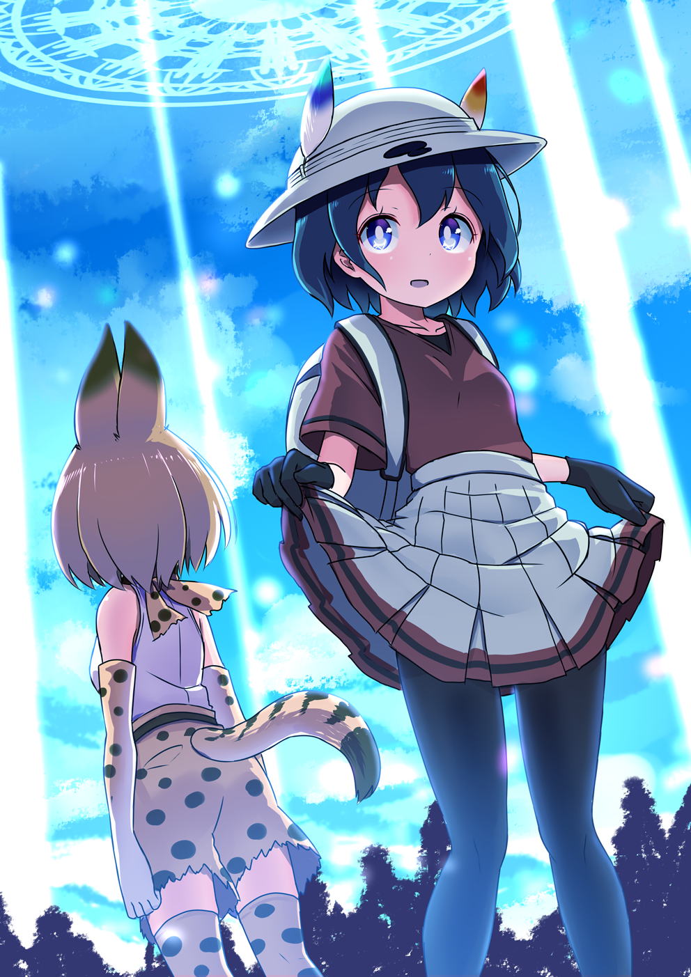 2girls adapted_costume animal_ears backpack bag black_gloves black_legwear blonde_hair blue_eyes blue_hair bucket_hat commentary_request elbow_gloves gloves hat hat_feather highres kaban_(kemono_friends) kemono_friends light_beam looking_at_viewer looking_away multiple_girls pantyhose parted_lips pleated_skirt print_gloves print_legwear print_shorts red_shirt serval_(kemono_friends) serval_ears serval_print serval_tail shipii_(jigglypuff) shirt short_hair short_sleeves shorts skirt skirt_hold sleeveless sleeveless_shirt tail thigh-highs white_hat white_shirt