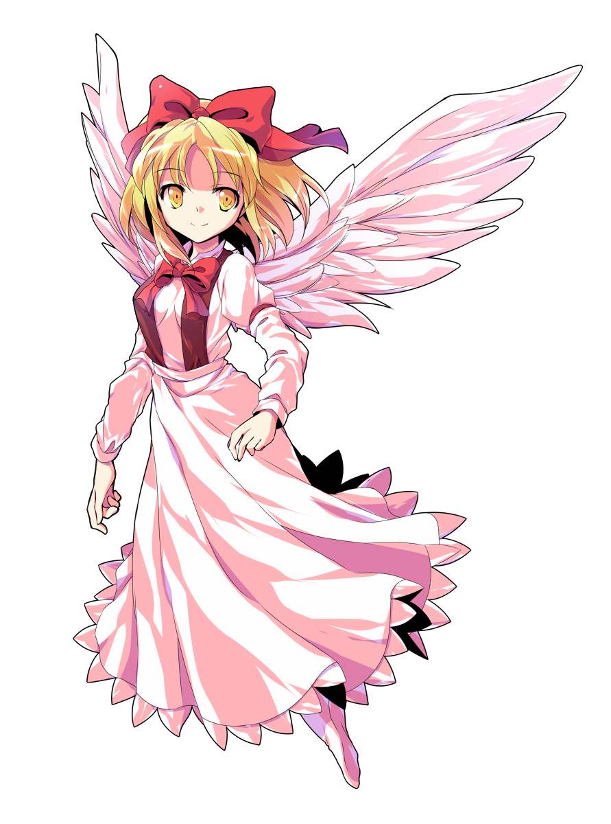 1girl alphes_(style) black_vest blonde_hair bow bowtie closed_mouth dairi eyebrows eyebrows_visible_through_hair feathered_wings feathers full_body gengetsu hair_bow highres long_skirt long_sleeves open_clothes open_vest parody puffy_long_sleeves puffy_sleeves red_bow red_neckwear shirt short_hair simple_background skirt skirt_set smile socks solo style_parody touhou touhou_(pc-98) transparent_background vest white_legwear white_shirt white_skirt white_wings wings yellow_eyes