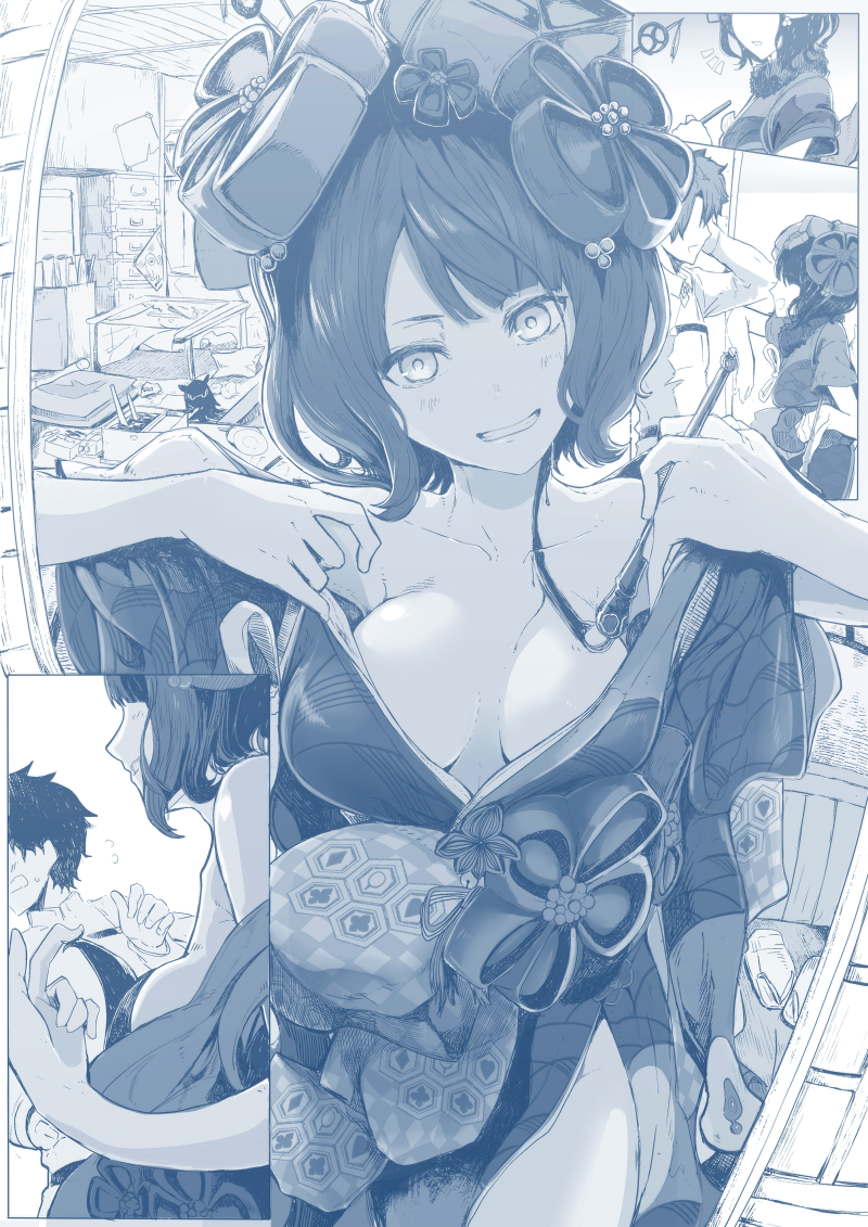 1boy 1girl bare_shoulders bodypaint breasts calligraphy_brush comic commentary_request fate/grand_order fate_(series) flower fujimaru_ritsuka_(male) grin hair_flower hair_ornament japanese_clothes katsushika_hokusai_(fate/grand_order) kimono looking_at_viewer medium_breasts messy_room monochrome no_eyes obi octopus open_clothes open_kimono paintbrush pov revision sash short_hair silent_comic smile syatey teasing undressing