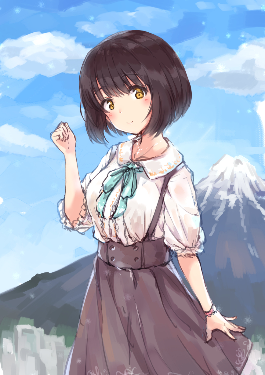 1girl blouse blue_neckwear blue_ribbon blue_sky blush brown_hair brown_skirt closed_mouth clouds commentary_request copyright_request day eyebrows_visible_through_hair head_tilt high-waist_skirt highres idolmaster idolmaster_cinderella_girls looking_at_viewer minikon mountain neck_ribbon ribbon short_hair sketch skirt sky smile solo standing suspender_skirt suspenders takafuji_kako upper_body watch watch wing_collar yellow_eyes