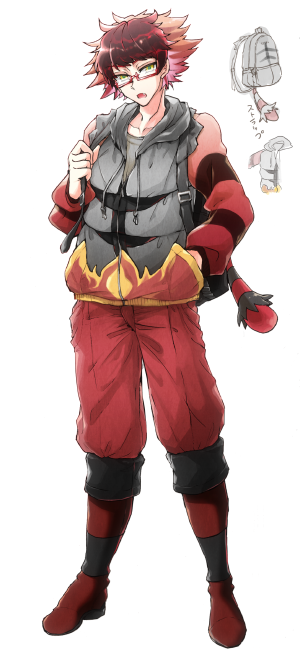 1boy backpack bag brown_hair full_body glasses hand_in_pocket hand_up hood hood_down hoodie incineroar male_focus nihakusanren open_mouth pants personification pokemon red-framed_eyewear red_footwear red_pants solo