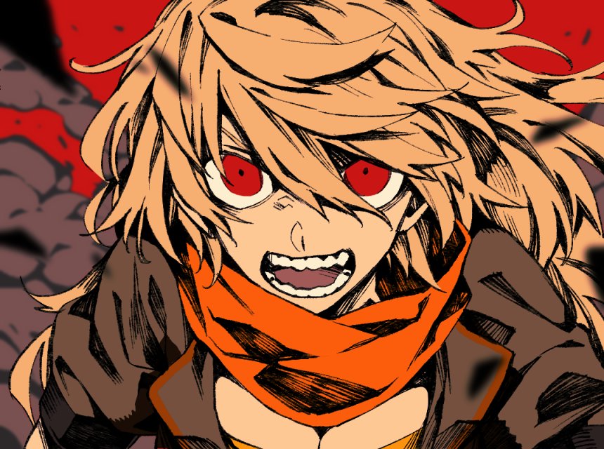 1girl angry blonde_hair breasts cleavage hosomitimiti long_hair looking_at_viewer open_mouth red_background red_eyes rwby scarf solo teeth yang_xiao_long