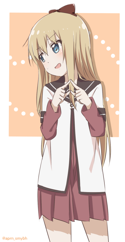 1girl blonde_hair blue_eyes bow hair_bow long_hair nanamori_school_uniform open_mouth ren_kon school_uniform serafuku solo toshinou_kyouko twiddling_fingers twitter_username yuru_yuri