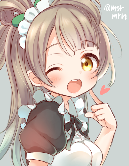 1girl ;d alternate_costume apron bangs black_dress blush bow dress enmaided eyebrows_visible_through_hair finger_to_face frilled_apron frills green_bow grey_background hair_bow heart high_ponytail light_brown_hair long_hair looking_at_viewer looking_to_the_side love_live! love_live!_school_idol_project maid maid_apron marshmallow_mille minami_kotori one_eye_closed open_mouth ponytail puffy_short_sleeves puffy_sleeves short_sleeves sidelocks simple_background smile solo twitter_username upper_teeth very_long_hair white_apron yellow_eyes