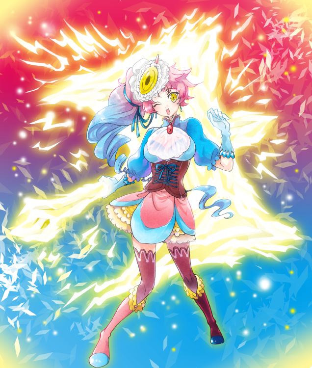 ;o asymmetrical_hair blue_gloves blue_hair corset drill_hair earrings electricity gloves gradient_hair hair_ornament jewelry maroon_legwear multicolored_hair nihakusanren one_eye_closed personification pink_footwear pink_hair pink_skirt pokemon porygon-z skirt standing thigh-highs yellow_eyes