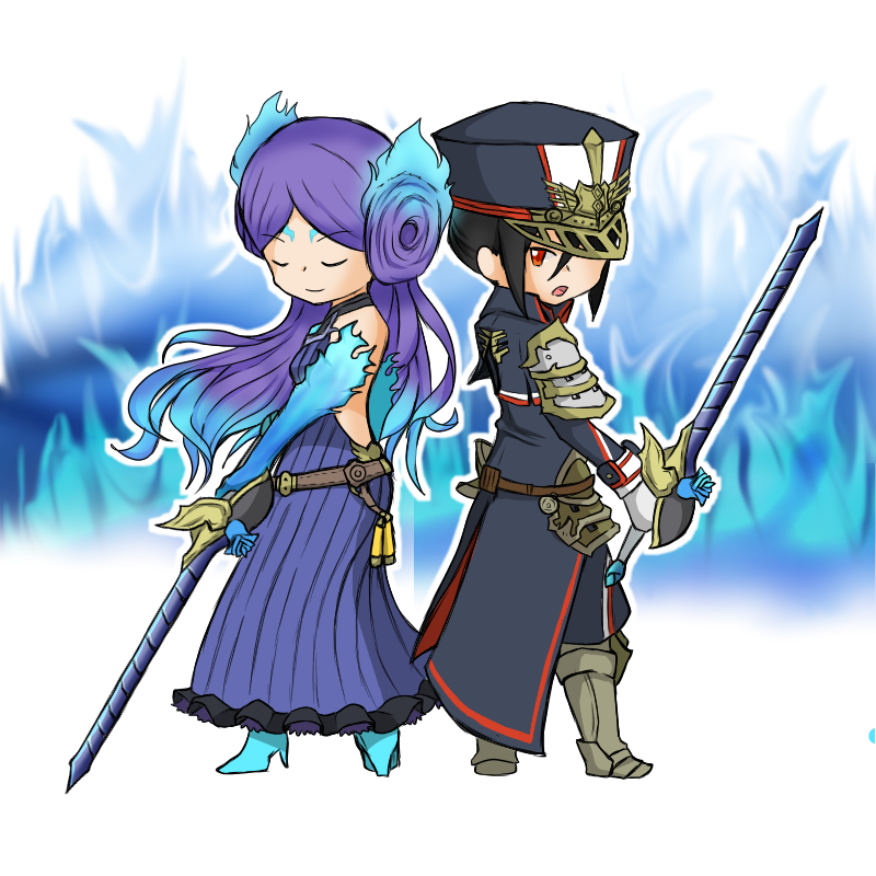 2girls artist_request black_hair breasts chibi closed_eyes collarbone fire gloves hat kagutsuchi_(xenoblade) long_hair medium_breasts meleph_(xenoblade) military military_hat military_uniform multiple_girls pauldrons purple_hair reverse_trap simple_background smile sword uniform weapon xenoblade xenoblade_2