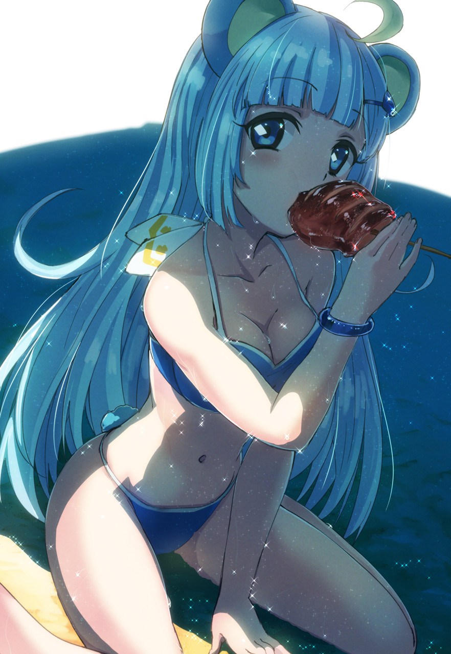 1girl ahoge animal_ears bear_ears bear_tail bikini blue_bikini blue_eyes blue_hair blush breasts cleavage commentary_request eating hair_ornament hairclip highres ikayaki long_hair medium_breasts navel nyama shade show_by_rock!! sitting solo spade_hair_ornament sparkle swimsuit tail tsukino_(show_by_rock!!) very_long_hair wariza wet