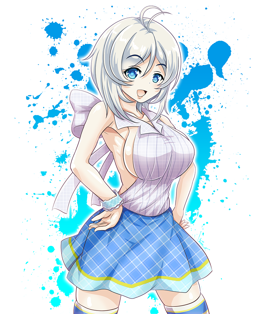 1girl :d ahoge backless_outfit bare_shoulders blue_skirt breasts dennou_shoujo_youtuber_shiro hands_on_hips large_breasts looking_at_viewer open_mouth shiro_(dennou_shoujo_youtuber_shiro) simple_background skirt smile solo standing thigh-highs tk8d32 white_hair wristband