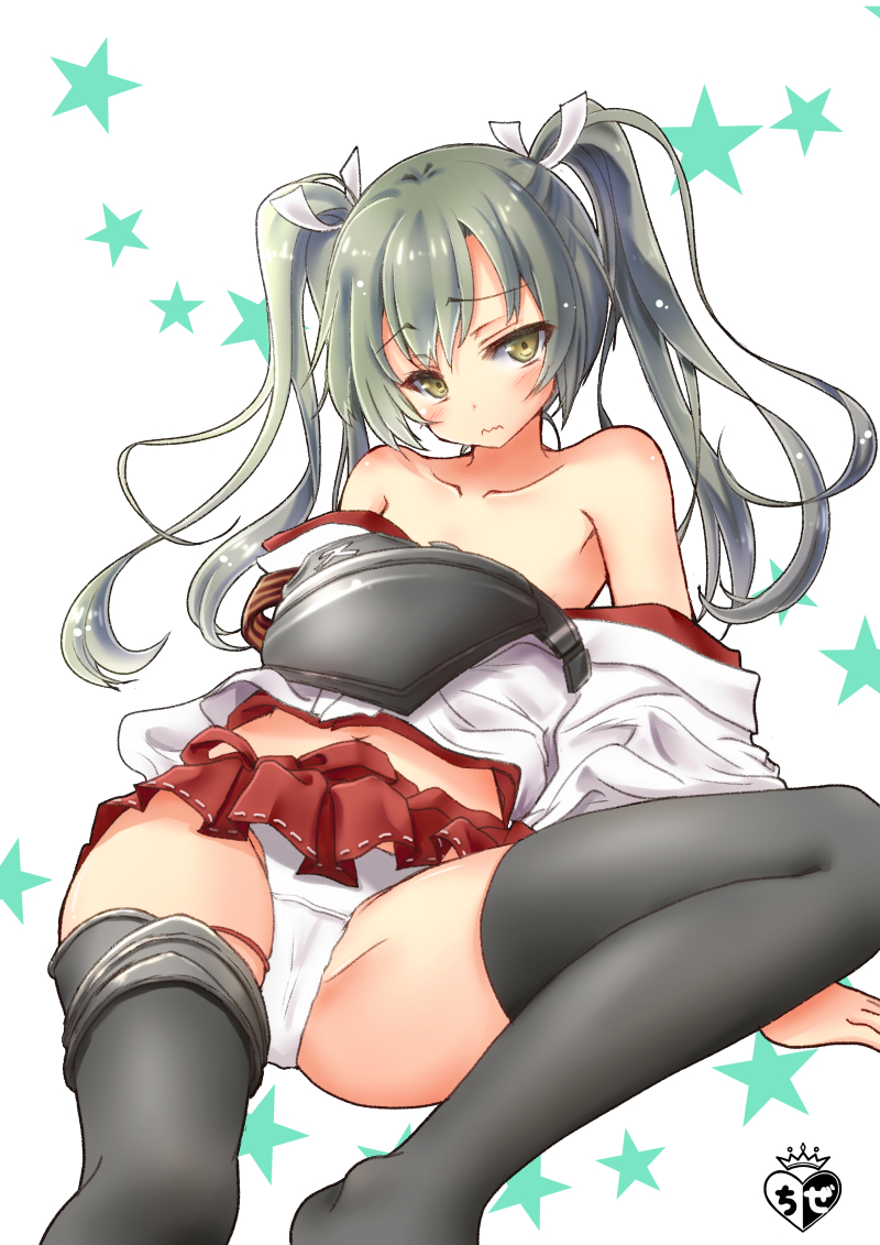 1girl blush chize green_hair hair_ribbon hakama_skirt japanese_clothes kantai_collection long_hair muneate open_clothes panties ribbon solo thigh-highs twintails underwear white_ribbon zuikaku_(kantai_collection)