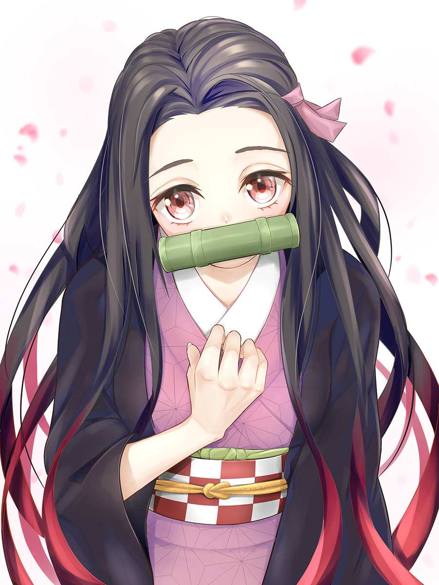 1girl bamboo bit_gag black_hair brown_hair commentary_request gag hair_ribbon highres japanese_clothes kamado_nezuko kimetsu_no_yaiba kimono long_hair looking_at_viewer mouth_hold multicolored_hair pink_eyes pink_kimono pink_ribbon ribbon solo toffee_paint very_long_hair