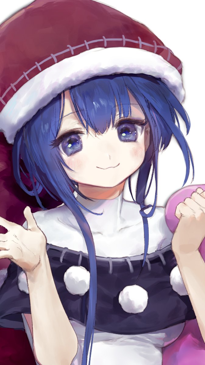 1girl ainy77 blue_eyes blue_hair doremy_sweet hat long_hair looking_at_viewer open_palm smile solo touhou white_background