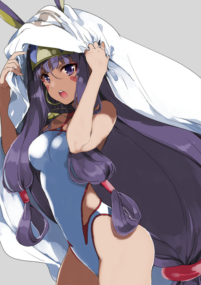 1girl :o animal_ears ass breasts commentary_request competition_swimsuit cowboy_shot dark_skin earrings facial_mark fate/grand_order fate_(series) from_side hair_rings hoop_earrings jackal_ears jewelry long_hair looking_at_viewer low-tied_long_hair medium_breasts nakayama_miyuki necklace nitocris_(fate/grand_order) nitocris_(swimsuit_assassin)_(fate) one-piece_swimsuit open_mouth purple_hair revision solo swimsuit very_long_hair violet_eyes white_swimsuit