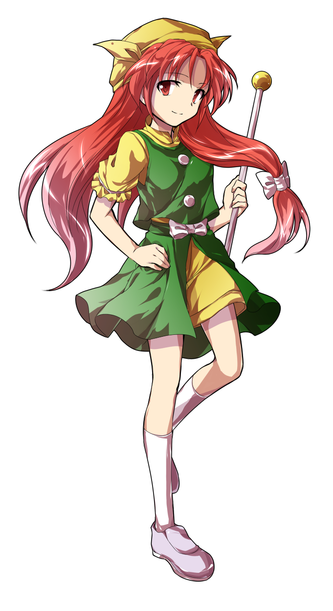 1girl alphes_(style) bangs bare_arms baton bow buttons closed_mouth dairi facing_away frilled_sleeves frills full_body green_shirt hair_between_eyes hair_ribbon hand_on_hip hat highres holding leg_up loafers long_hair looking_at_viewer orange_(touhou) parody puffy_short_sleeves puffy_sleeves red_eyes redhead ribbon shirt shoes short_sleeves shorts silver_footwear simple_background smile socks solo standing standing_on_one_leg style_parody touhou touhou_(pc-98) transparent_background turtleneck undershirt white_bow white_legwear white_ribbon yellow_hat yellow_shirt yellow_shorts