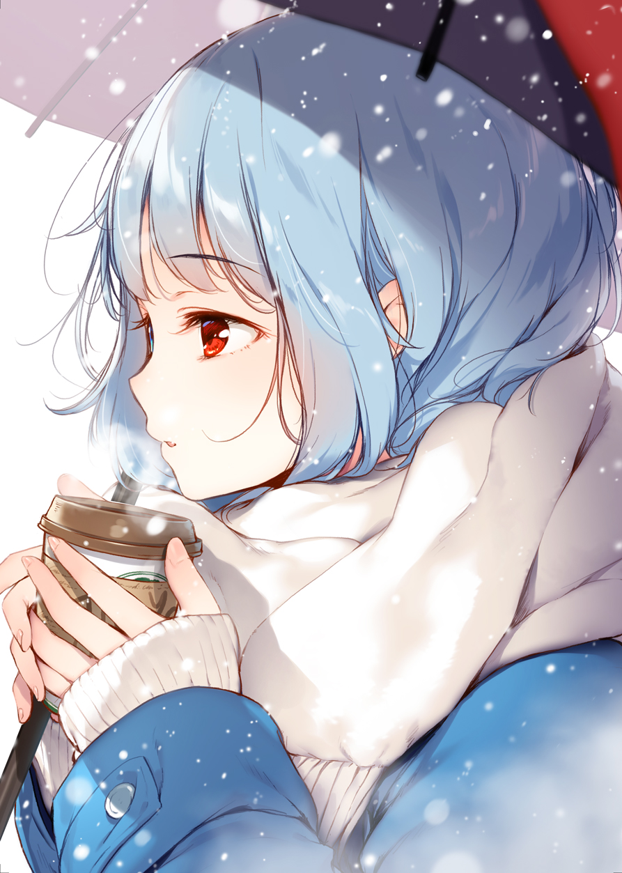 1girl bangs blue_coat blue_eyes blue_hair breath coat commentary_request cup drink eyebrows eyebrows_visible_through_hair from_side heterochromia highres holding holding_cup holding_umbrella ke-ta long_sleeves looking_away own_hands_together parted_lips red_eyes scarf short_hair simple_background sleeves_past_wrists snowing solo tatara_kogasa touhou umbrella white_background white_scarf