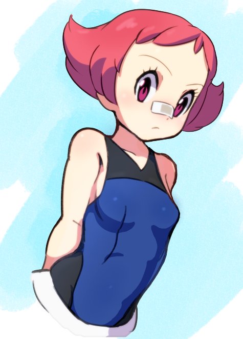 1girl arms_behind_back bandaid bandaid_on_nose bangs bare_arms bare_shoulders breasts closed_mouth collarbone eyebrows eyelashes facing_away flipped_hair forehead frown gym_leader pink_eyes pink_hair pokemon pokemon_(game) pokemon_dppt reiesu_(reis) short_hair small_breasts solo sumomo_(pokemon) tank_top tareme upper_body