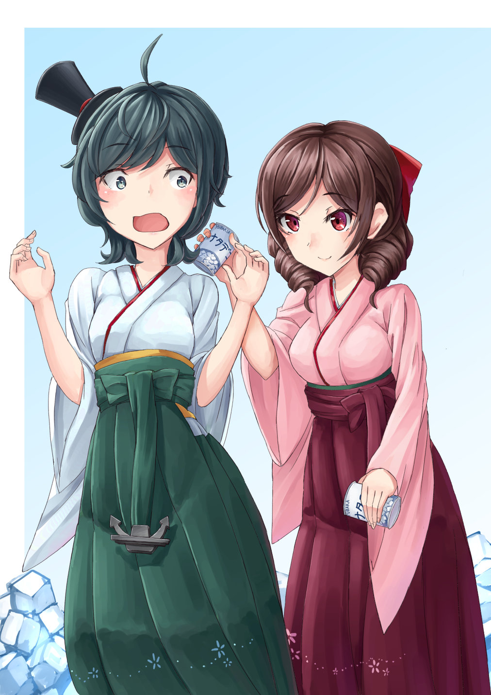 2girls ahoge arms_up bangs black_hair breasts brown_hair commentary_request drill_hair eyebrows_visible_through_hair grey_eyes hair_ribbon hakama_skirt harukaze_(kantai_collection) hat highres ice japanese_clothes kantai_collection kimono matsukaze_(kantai_collection) mayura2002 medium_breasts meiji_schoolgirl_uniform multiple_girls open_mouth parted_bangs prank red_eyes ribbon short_hair smile top_hat