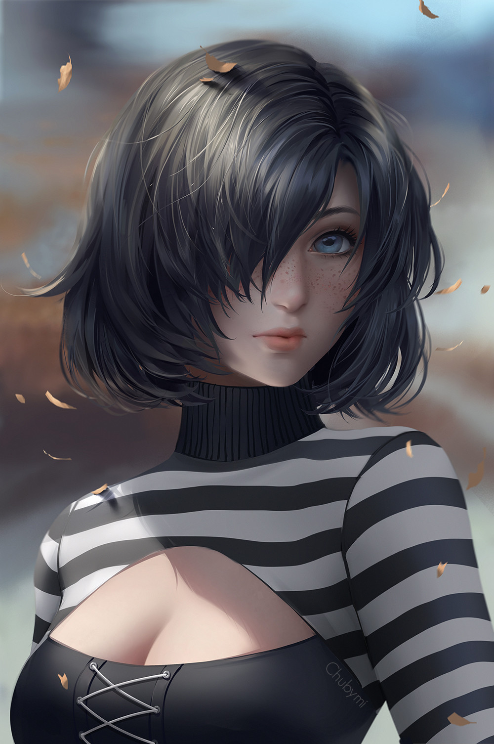 1girl artist_name autumn_leaves black_hair blue_eyes blurry blurry_background breasts chuby_mi cleavage cleavage_cutout cross-laced_clothes eyelashes freckles hair_over_one_eye highres horizontal_stripes leaf lips looking_at_viewer medium_breasts original shirt short_hair solo striped striped_shirt sunlight turtleneck upper_body wind