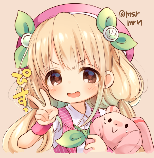 1girl :&gt; :d bangs beret blonde_hair blush brown_background brown_eyes collared_shirt eyebrows_visible_through_hair futaba_anzu green_ribbon hair_ribbon hat idolmaster idolmaster_cinderella_girls long_hair looking_at_viewer low_twintails marshmallow_mille object_hug open_mouth pink_hat pink_vest ribbon shirt short_sleeves simple_background smile solo striped_vest stuffed_animal stuffed_bunny stuffed_toy sweat twintails twitter_username v v-shaped_eyebrows very_long_hair white_shirt wristband