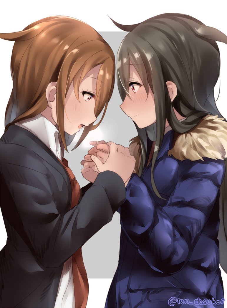 2girls black_hair blazer blue_jacket brown_eyes brown_hair hair_flaps hatsushimo_(kantai_collection) jacket juurouta kantai_collection long_hair low-tied_long_hair multiple_girls necktie red_neckwear short_hair upper_body wakaba_(kantai_collection) yuri