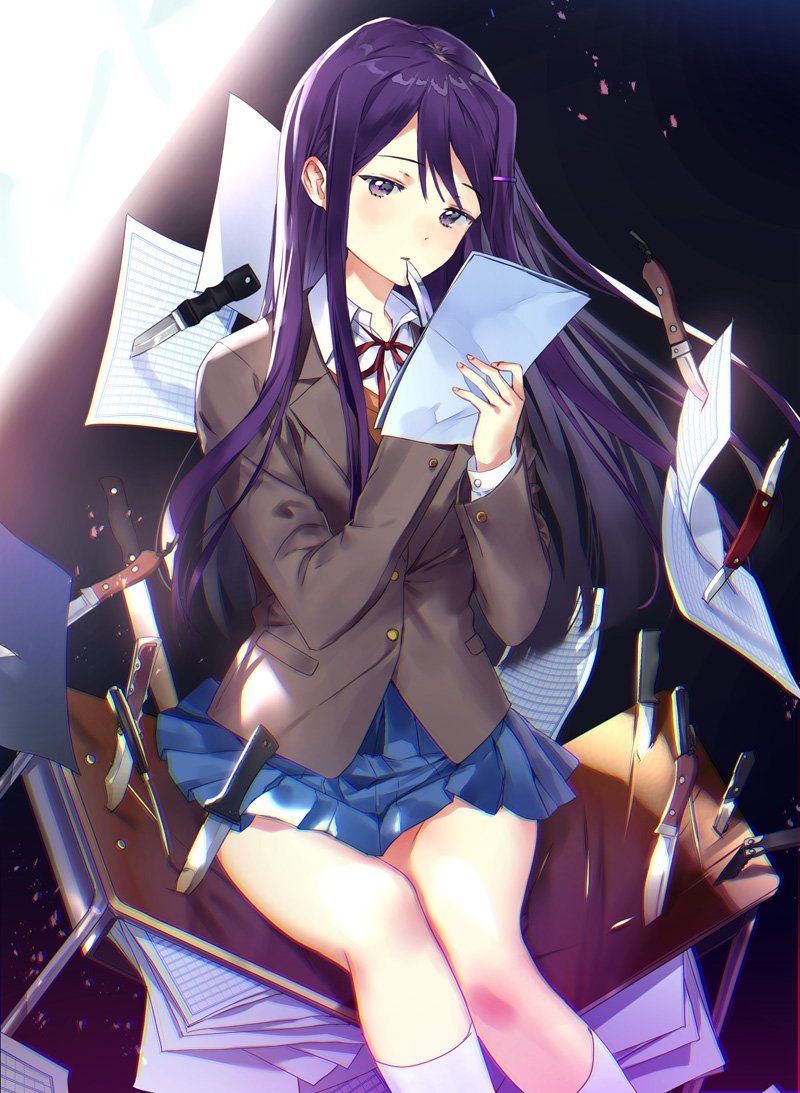 1girl blazer blue_skirt blush broken desk doki_doki_literature_club hair_ornament hairclip jacket kneehighs knife knife_in_mouth light light_particles long_hair macciatto_(aciel02) neck_ribbon paper purple_hair reading ribbon school_desk school_uniform sitting skirt slash solo stabbed violet_eyes yuri_(doki_doki_literature_club)