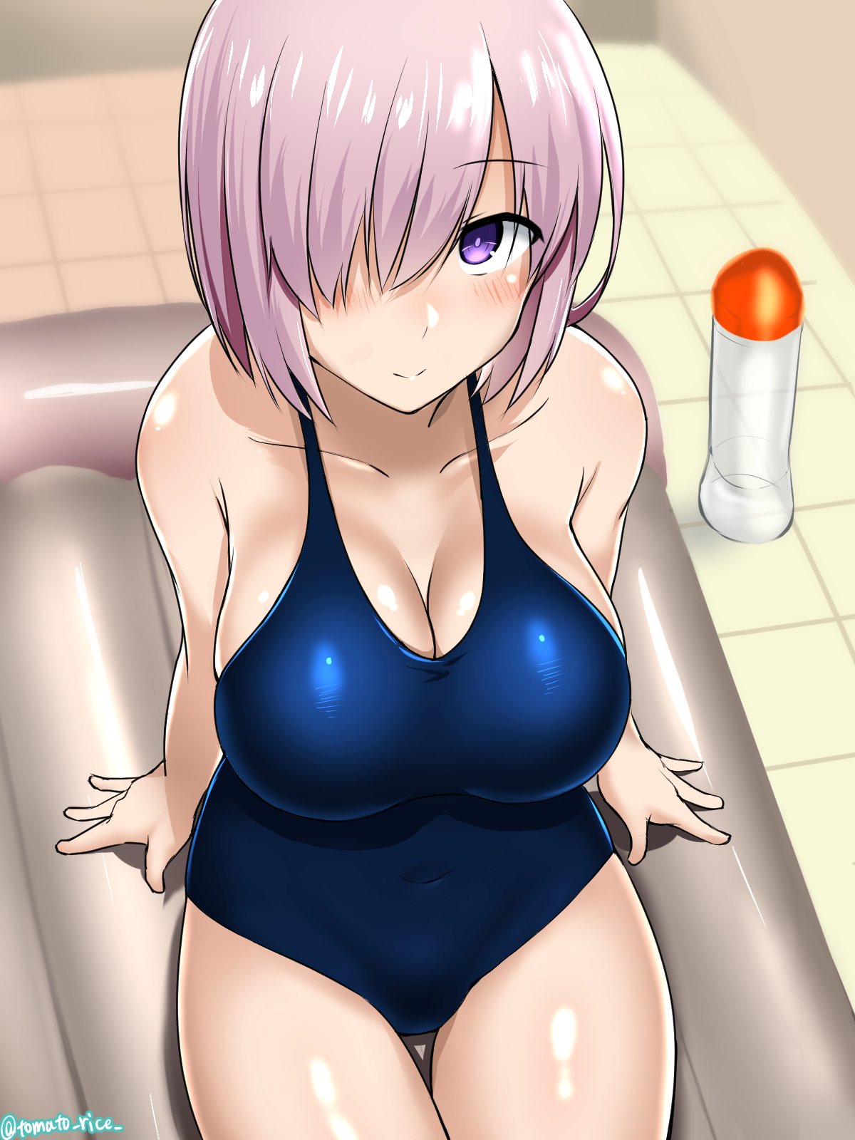 1girl arm_support blush breasts cleavage collarbone fate/grand_order fate_(series) hair_over_one_eye highres large_breasts lavender_hair looking_at_viewer mash_kyrielight one-piece_swimsuit shiny shiny_hair shiny_skin sitting smile swimsuit tomato_rice violet_eyes