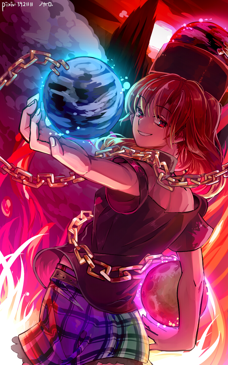 1girl artist_name asuku_(69-1-31) bare_shoulders belt black_belt black_choker black_hair black_shirt chains choker earth_(ornament) eyebrows eyebrows_visible_through_hair fingernails gold_chain green_skirt grin hat heart hecatia_lapislazuli highres long_hair miniskirt moon_(ornament) multicolored multicolored_clothes multicolored_skirt off-shoulder_shirt off_shoulder plaid plaid_skirt polos_crown purple_skirt red_eyes redhead shirt skirt smile solo t-shirt touhou