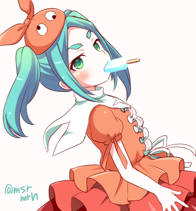 1girl aqua_hair blush center_frills dress dutch_angle food food_in_mouth frills green_eyes hat layered_dress long_hair looking_at_viewer looking_to_the_side marshmallow_mille monogatari_(series) mouth_hold nisemonogatari ononoki_yotsugi orange_dress orange_hat pleated_dress popsicle puffy_short_sleeves puffy_sleeves short_sleeves sidelocks simple_background solo thick_eyebrows twintails twitter_username v-shaped_eyebrows white_background