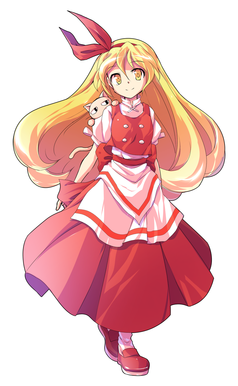 1girl alphes_(style) animal animal_on_shoulder apron arms_behind_back bangs bare_arms blonde_hair bow breasts buttons cat closed_mouth dairi ellen eyebrows eyebrows_visible_through_hair facing_viewer full_body hair_between_eyes hairband highres loafers long_hair long_skirt long_sleeves looking_at_viewer medium_breasts parody pet puffy_short_sleeves puffy_sleeves red_bow red_footwear red_hairband red_ribbon red_skirt red_vest ribbon shirt shoes short_sleeves simple_background skirt skirt_set smile sokrates_(touhou) solo standing style_parody tareme touhou touhou_(pc-98) transparent_background turtleneck vest waist_apron white_apron white_legwear white_shirt yellow_eyes