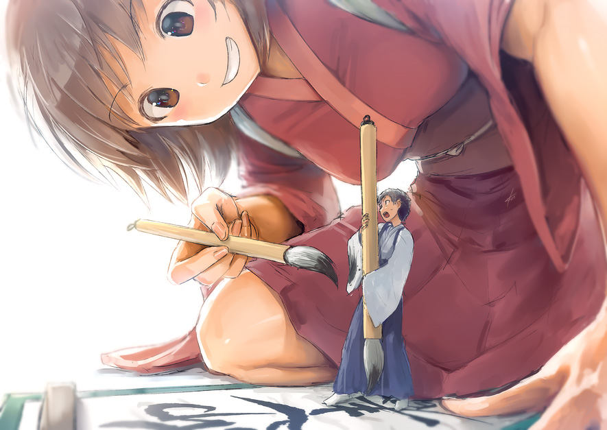 1boy 1girl black_hair blush breasts brown_hair calligraphy_brush ebizome giantess grin japanese_clothes kimono looking_at_another looking_down medium_breasts miniboy original oversized_object paintbrush red_kimono sash short_hair size_difference smile wide_sleeves