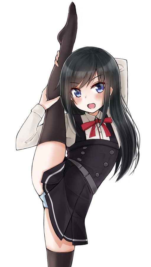 1girl asashio_(kantai_collection) belt black_hair black_legwear blue_eyes blue_panties buttons dress flexible kantai_collection leg_up long_hair long_sleeves neck_ribbon open_mouth panties pinafore_dress pleated_skirt red_ribbon remodel_(kantai_collection) ribbon sasakura_(calicchio) school_uniform shirt skirt smile solo thigh-highs underwear white_background white_shirt