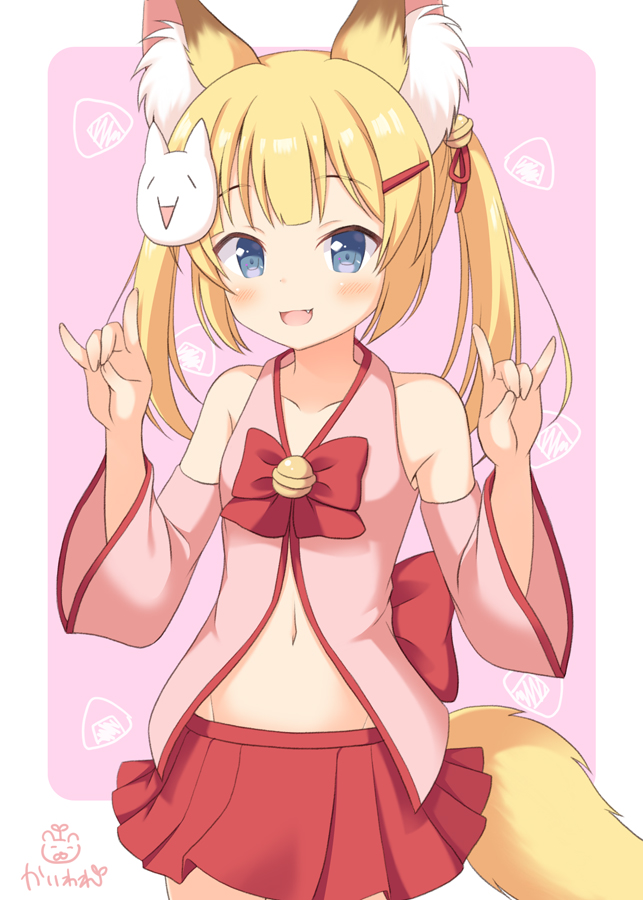 1girl :d animal_ears bangs bare_shoulders bell blonde_hair blue_eyes blush collarbone commentary_request detached_sleeves eyebrows_visible_through_hair fang fox_ears fox_girl fox_shadow_puppet fox_tail groin hair_ornament hairclip hands_up jingle_bell kaiware-san kemomimi_vr_channel long_hair long_sleeves looking_at_viewer mask mask_on_head mikoko_(kemomimi_vr_channel) open_mouth pleated_skirt purple_background red_skirt signature skirt smile solo tail twintails two-tone_background white_background wide_sleeves