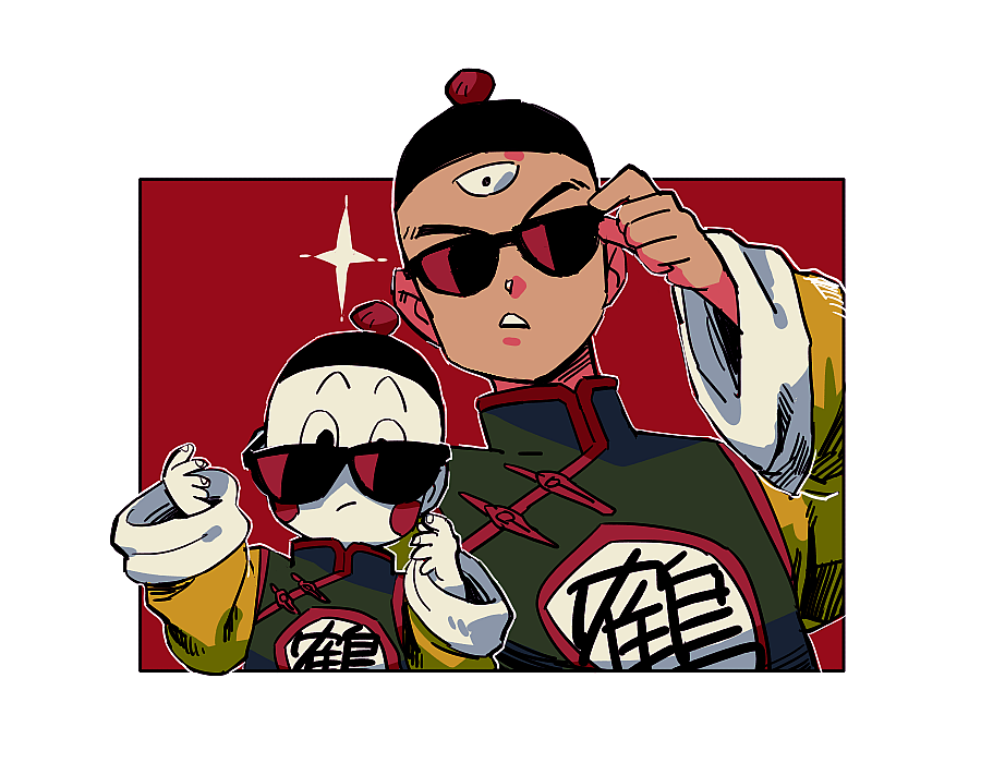 2boys black_eyes blush_stickers chaozu chinese_clothes dragon_ball expressionless frown hat long_sleeves looking_at_viewer male_focus multiple_boys pale_skin red_background simple_background sparkle sunglasses tenshinhan third_eye white_background