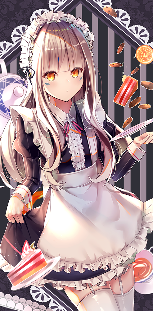 1girl alternate_costume alternate_hairstyle apron cake colored cookie cup elsword eve_(elsword) expressionless facial_mark food forehead_jewel frills fruit lium long_hair maid maid_apron maid_headdress robot strawberry tea teacup teapot white_hair yellow_eyes